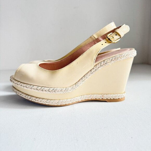 Stuart Weitzman Nide Ivory Beige Patent leather Wedge Peep Toe Heels 6 - Picture 8 of 11